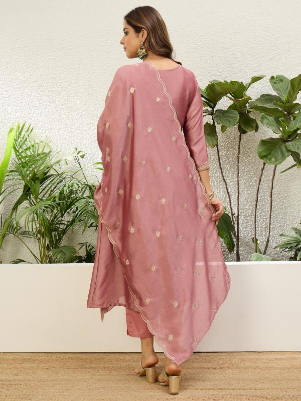 9875 P Women’s Silk A line Kurta Pent Dupatta Sets with Zari Embroidery Work | 3pcs Ethnic Set